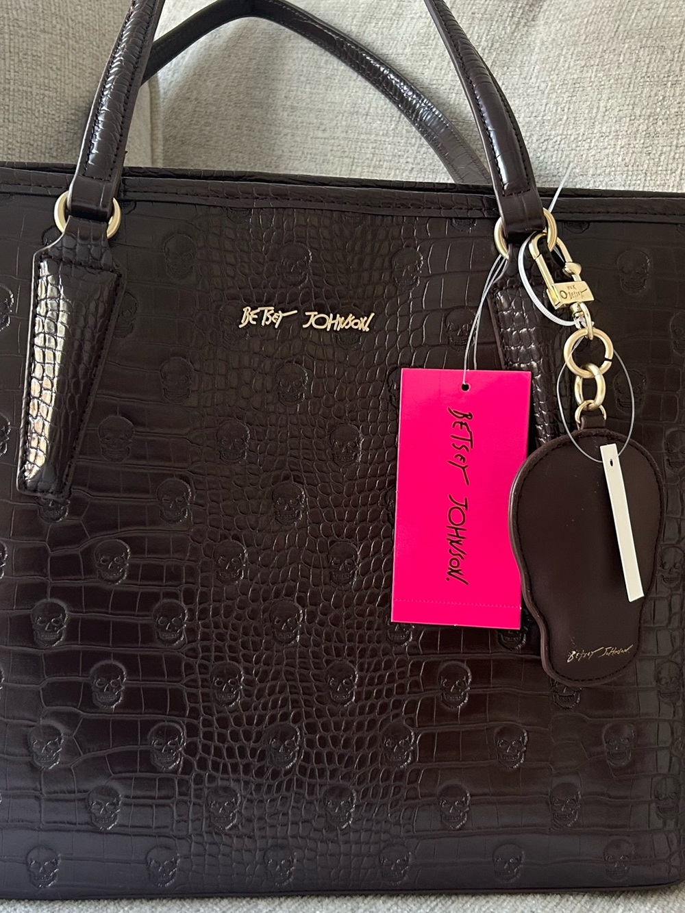 Betsey Johnson Dark Brown Croc-Embossed Tote with Pink Tag